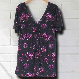 Torrid Black and Purple Floral V-Neck Blouse